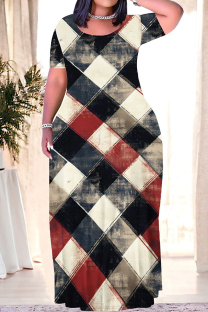 Red White Casual Print Patchwork O Neck Long Plus Size Dresses