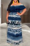 Blue Sexy Geometric Print Flowers Leopard Ruffle Contrast Off Shoulder Long Dresses