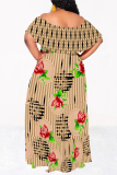 Blue Sexy Geometric Print Flowers Leopard Ruffle Contrast Off Shoulder Long Dresses