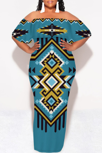 Peacock Blue Street National Totem Print Ruffle Contrast Off Shoulder Long Dresses