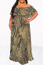 Leopard Print Sexy Geometric Print Flowers Leopard Ruffle Contrast Off Shoulder Long Dresses