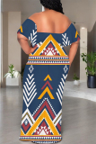 Peacock Blue Street National Totem Print Ruffle Contrast Off Shoulder Long Dresses