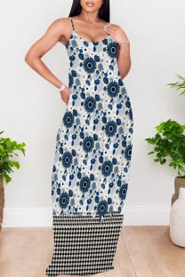 Light Blue Sexy Plaid Floral Print Contrast V Neck Printed Dresses