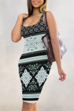 Black And White Sexy Plaid Floral Print Contrast U Neck Printed Dresses
