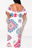 Peacock Blue Street National Totem Print Ruffle Contrast Off Shoulder Long Dresses