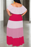 Blue Casual Floral Print Stripe Ruffle Contrast Off Shoulder Long Dresses