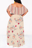 Blue Casual Floral Print Stripe Ruffle Contrast Off Shoulder Long Dresses