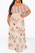 Light Color Casual Floral Print Stripe Ruffle Contrast Off Shoulder Long Dresses