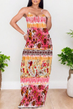 Peach Sexy Geometric Print Contrast V Neck Printed Dresses