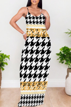Black Gold Sexy Plaid Floral Print Contrast V Neck Printed Dresses