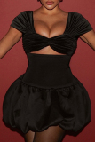 Black Sexy Solid Color Hollow Out Patchwork Asymmetrical Collar A Line Dresses