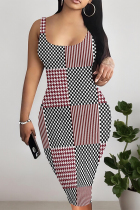 Black Red Sexy Plaid Floral Print Contrast U Neck Printed Dresses
