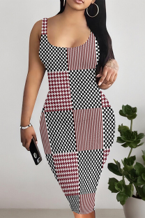 Black Red Sexy Plaid Floral Print Contrast U Neck Printed Dresses