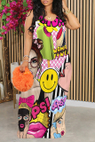 Blue Street Graffiti Print Contrast O Neck Printed Dresses