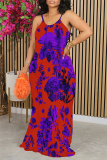Purplish Blue Sexy Floral Print Contrast O Neck Printed Dresses