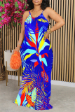 Purplish Blue Sexy Floral Print Contrast O Neck Printed Dresses