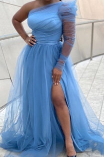 Baby Blue Elegant Solid Color High Slit Mesh Oblique Collar Long Plus Size Dresses