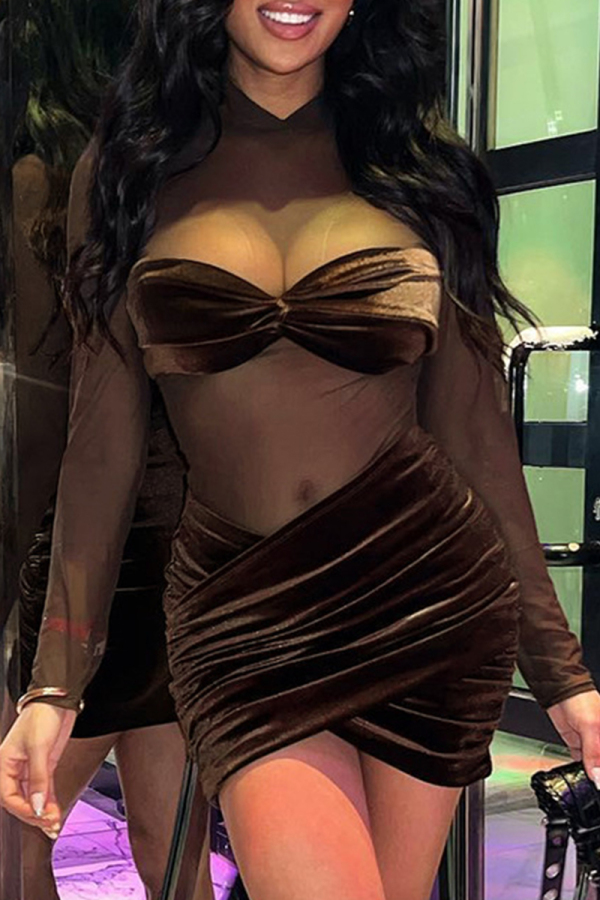 Brown Casual Solid Color Patchwork See-Through Ruched O Neck Wrapped Skirt Dresses
