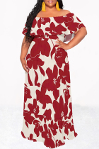 Red Casual Floral Print Stripe Ruffle Contrast Off Shoulder Long Dresses