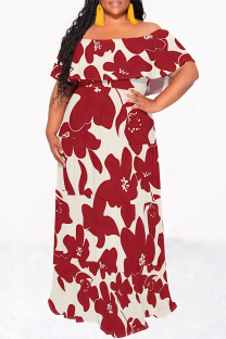 Red Casual Floral Print Stripe Ruffle Contrast Off Shoulder Long Dresses