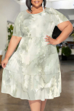 Light Green Casual Floral Print Polka Dot Stripe Ruffle Contrast O Neck Printed Plus Size Dresses