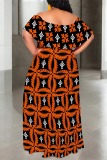 Blue Casual Floral Print Stripe Ruffle Contrast Off Shoulder Long Dresses