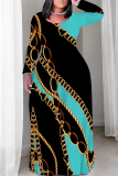 Blue Black Casual Chain print Contrast O Neck Printed Plus Size Dresses