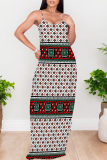 Peach Sexy Geometric Print Contrast V Neck Printed Dresses