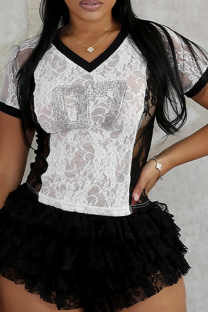 White Casual Letters Lace Hot Drill V Neck T-Shirts