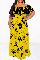 Black Yellow Sexy Geometric Print Flowers Leopard Ruffle Contrast Off Shoulder Long Dresses