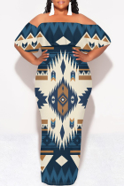 Tibetan Blue Street National Totem Print Ruffle Contrast Off Shoulder Long Dresses