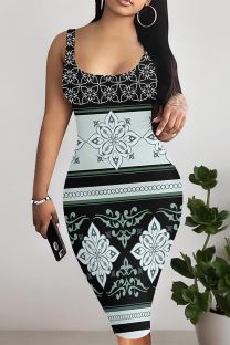 Blue Sexy Plaid Floral Print Contrast U Neck Printed Dresses