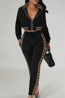 Light Brown Casual Geometric Print Pocket Patchwork Zipper Zipper Collar Long Sleeve Two Pieces