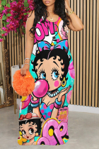 Powder Blue Street Graffiti Print Contrast O Neck Printed Dresses