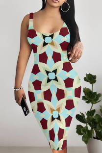 Burgundy Sexy Plaid Floral Print Contrast U Neck Printed Dresses