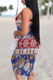 Black And White Sexy Plaid Floral Print Contrast U Neck Printed Dresses