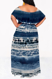 Blue Sexy Geometric Print Flowers Leopard Ruffle Contrast Off Shoulder Long Dresses