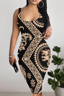 Black Sexy Plaid Floral Print Contrast U Neck Printed Dresses