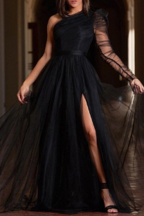 Black Elegant Solid Color High Slit Mesh Oblique Collar Long Plus Size Dresses