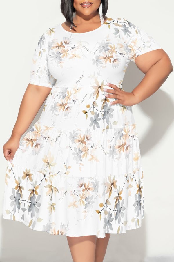 White Casual Floral Print Polka Dot Stripe Ruffle Contrast O Neck Printed Plus Size Dresses