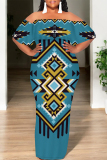 Peacock Blue Street National Totem Print Ruffle Contrast Off Shoulder Long Dresses
