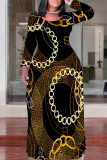 Blue Black Casual Chain print Contrast O Neck Printed Plus Size Dresses