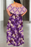 Blue Casual Floral Print Stripe Ruffle Contrast Off Shoulder Long Dresses