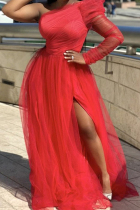 Red Elegant Solid Color High Slit Mesh Oblique Collar Long Plus Size Dresses