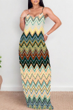 Peach Sexy Geometric Print Contrast V Neck Printed Dresses
