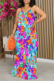 Purplish Blue Sexy Floral Print Contrast O Neck Printed Dresses