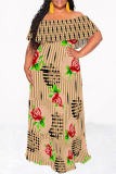 Blue Sexy Geometric Print Flowers Leopard Ruffle Contrast Off Shoulder Long Dresses