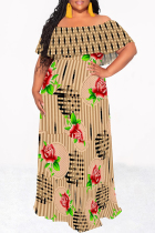 Khaki Sexy Geometric Print Flowers Leopard Ruffle Contrast Off Shoulder Long Dresses