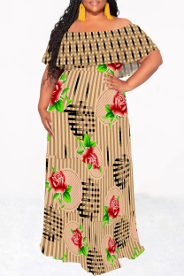 Khaki Sexy Geometric Print Flowers Leopard Ruffle Contrast Off Shoulder Long Dresses