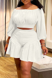 Blue Casual Solid Color Patchwork Off Shoulder Plus Size Two Pieces